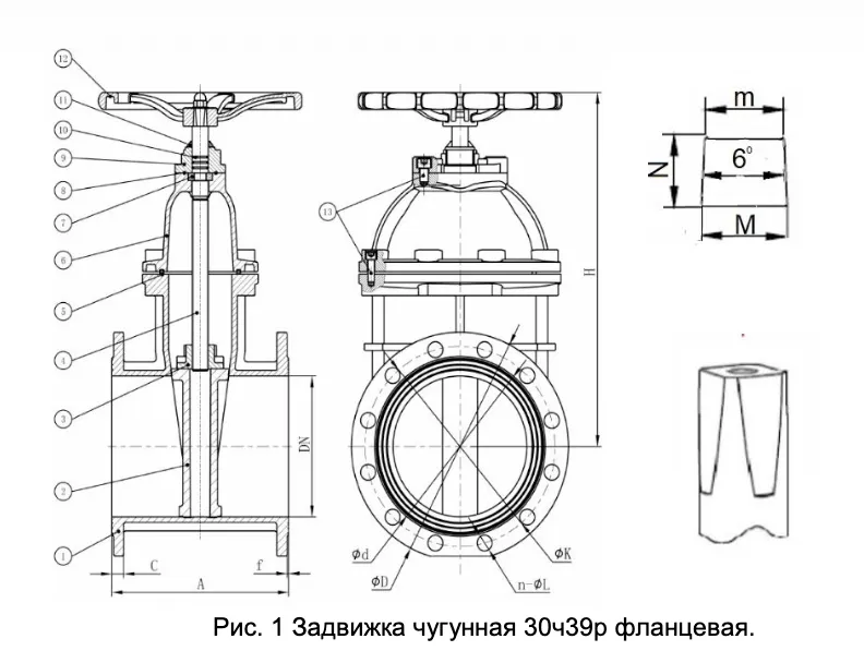 Задвижка чугунная фланцевая 30ч39р Ду 65 Ру 16 с обрезиненным клином